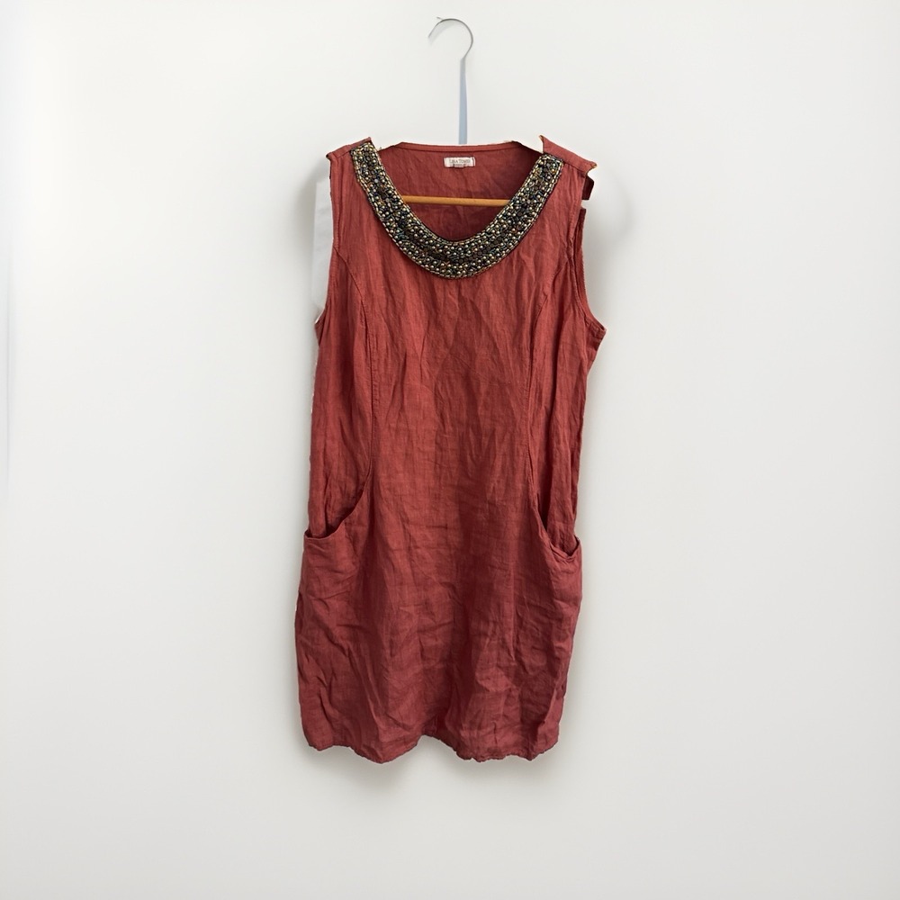 Lina Tomei Made in Italy 100% Linen Beaded Shift Dress In Rust Pockets Sz L